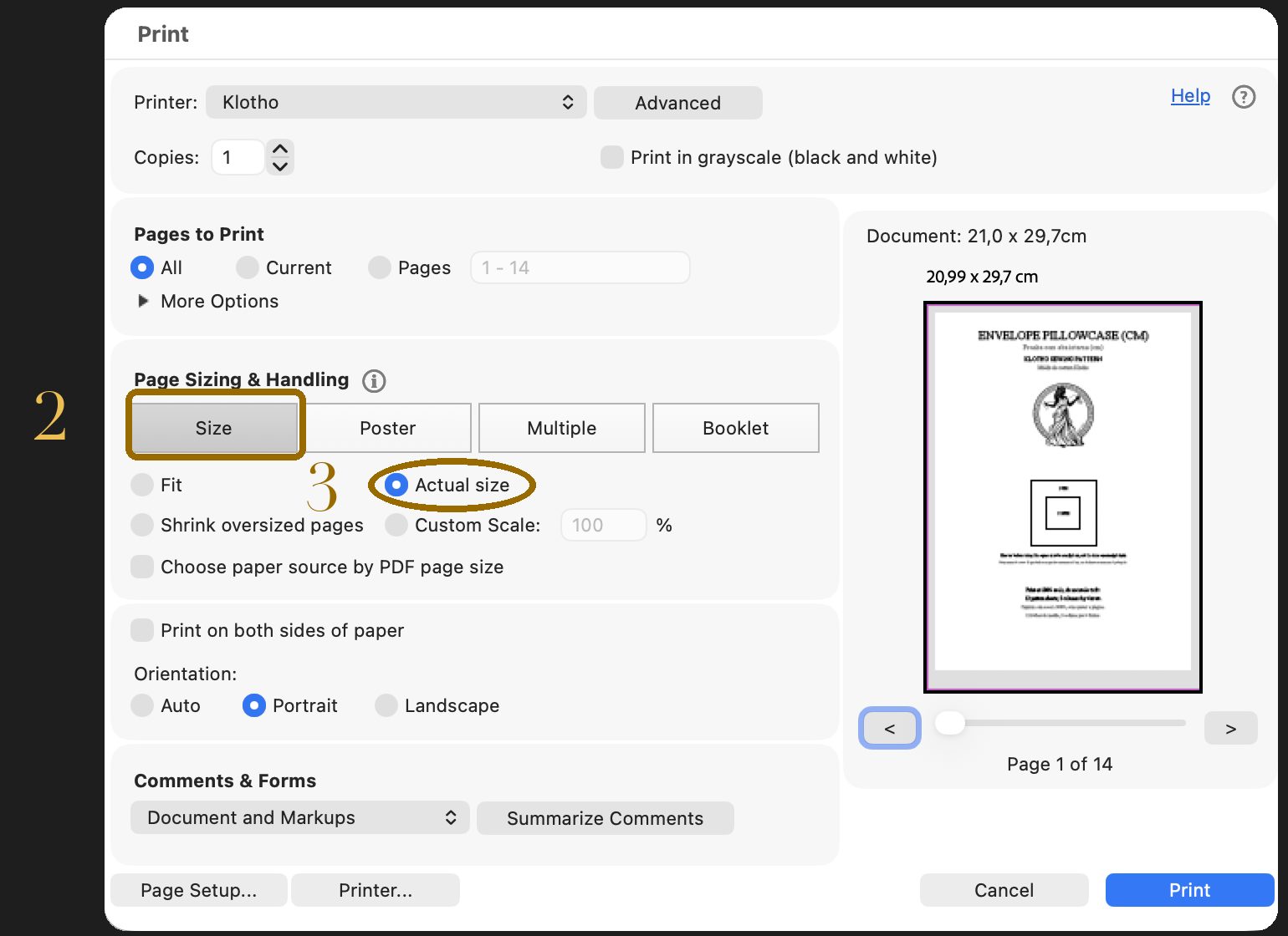 Adobe Acrobat print window with Actual size selected