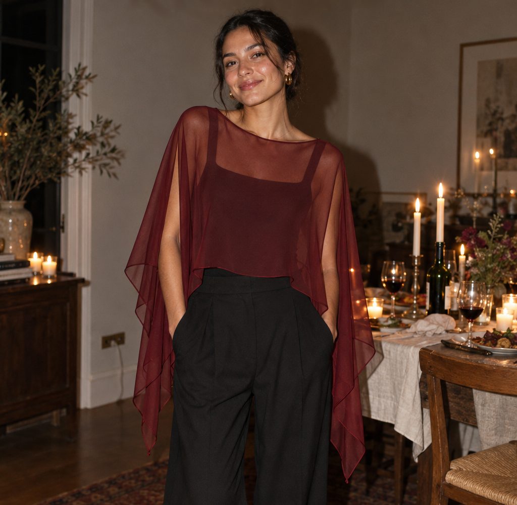 Blusa capa poncho Aura em tecido vinho transparente, usada com calça preta