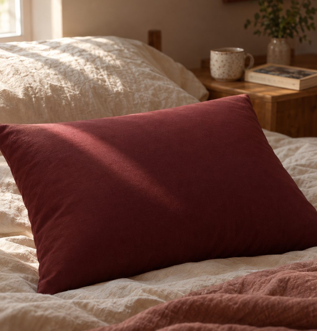 Envelope pillowcase in burgundy cotton on a made bed